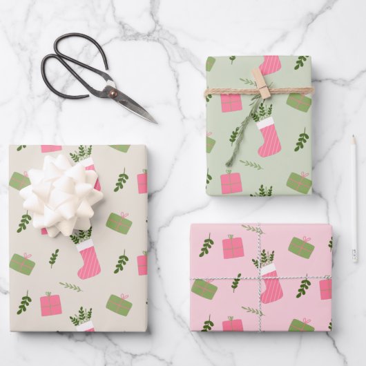 Pink Green Weihnachtsgeschenk Strumpf Pattern Mult Geschenkpapier Set (Vorderseite)