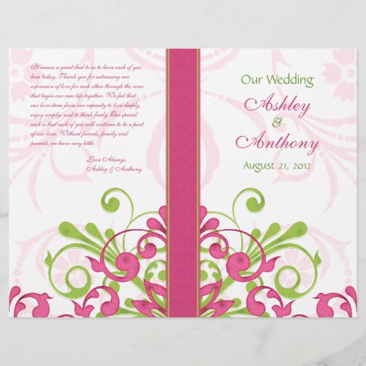 Pink Green White Abstrakt Floral Wedding Program (Vorderseite)