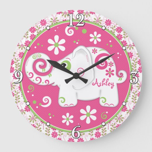 Pink Green White Elephore Personalisiert Große Wanduhr (Vorderseite)