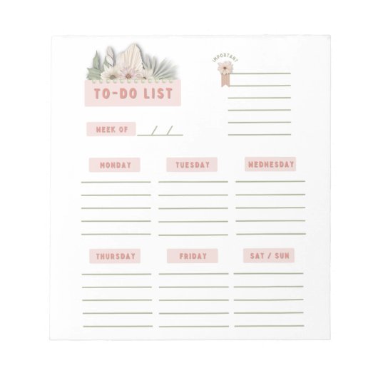 Pink Green White Floral Weekly Planer Organisator Notizblock (Vorderseite)