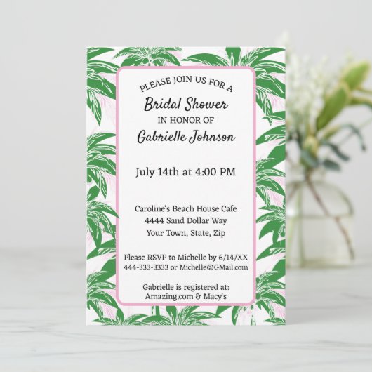 Pink Green White Palm Tree Summer Shower Party Einladung (Stehend Vorderseite)
