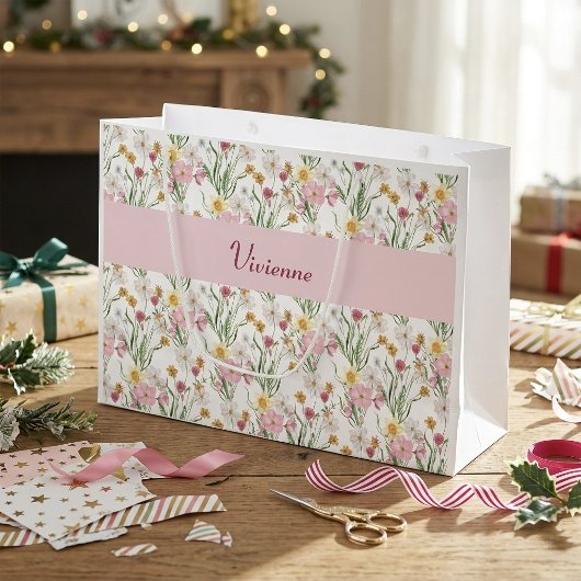 Pink Green Wildflower Watercolor Monogram Name Große Geschenktüte