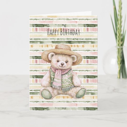 Pink Green Yellow Stripes Teddy Bear Birthday Karte (Vorderseite)