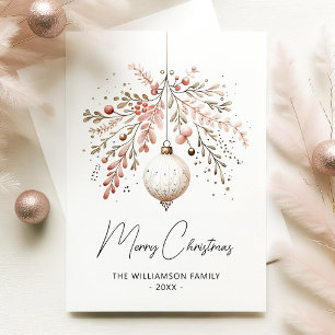 Pink Greenery Bauble Weihnachtswatercolor-Karte Feiertagskarte