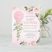 Pink Greenery Floral Balloon Babydusche Einladung (Stehend Vorderseite)