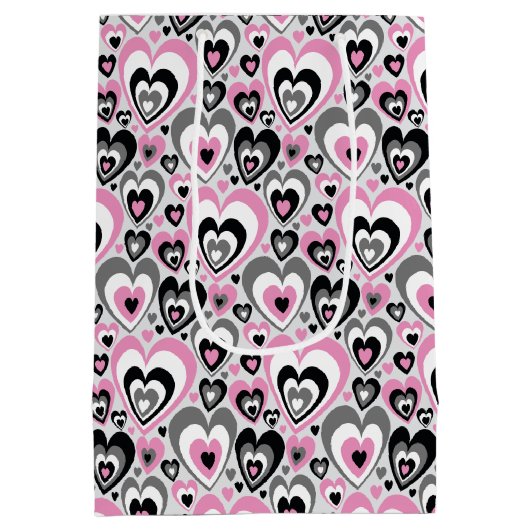 Pink Grey Black Hearts Pattern. Gift Bag Mittlere Geschenktüte (Rückseite)