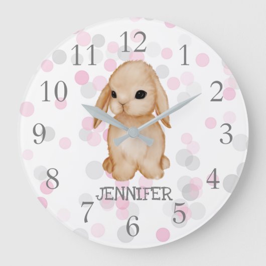 Pink Grey Bunny Nursery Decor Wall Clock Große Wanduhr (Vorderseite)