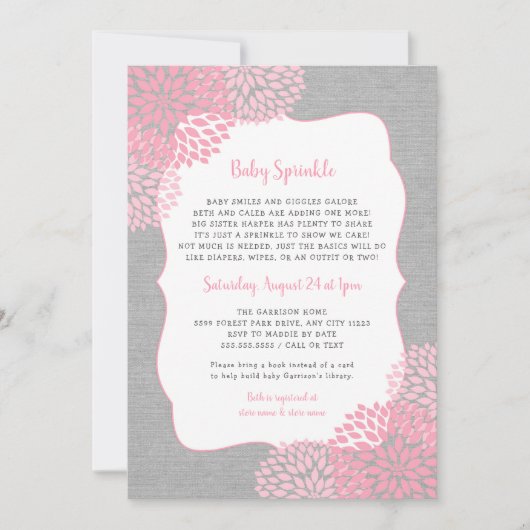 Pink Grey Floral Girl Baby Sprinkle Einladung (Vorderseite)