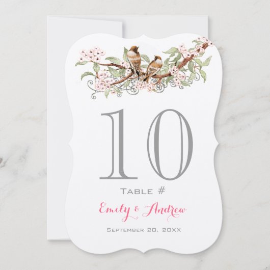 Pink Grey Green Love Bird Wedding Tischnummer (Vorderseite)