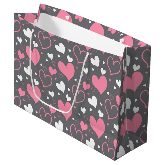 Pink & Grey-Herz-Geschenktasche Große Geschenktüte (Vorderseite Schrägansicht)