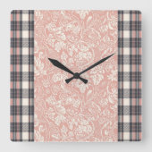 Pink & grey plaid stripes AI art Quadratische Wanduhr (Vorderseite)