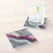 Pink, Grey White Stone Marble Printed Glasuntersetzer (Schrägansicht)