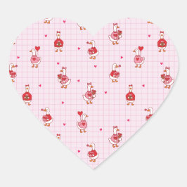 Pink Grid Cute Valentine Goose Pattern with Hearts Herz-Aufkleber