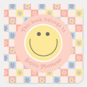 Pink Groovy Boho Retro Kids Buchzeichen Quadratischer Aufkleber (Vorderseite)