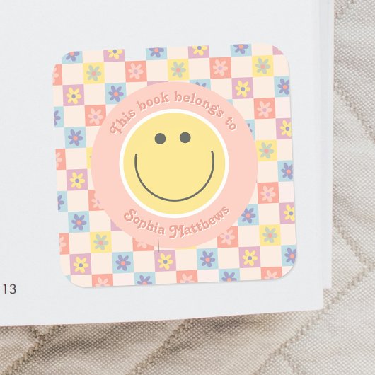 Pink Groovy Boho Retro Kids Buchzeichen Quadratischer Aufkleber