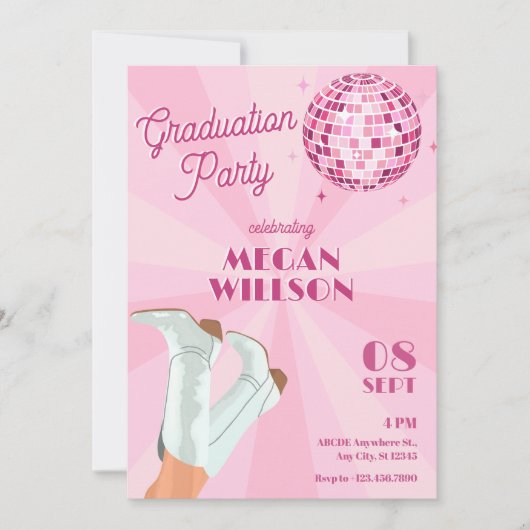 Pink Groovy Boots Disco-Ball Graduierungsparty Einladung (Vorderseite)