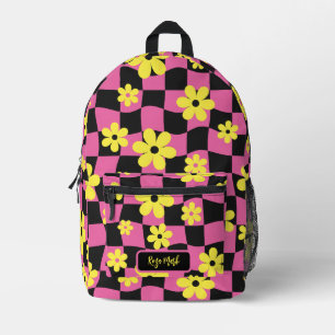 Pink Groovy Daisy Floral Checkerboard Bedruckter Rucksack
