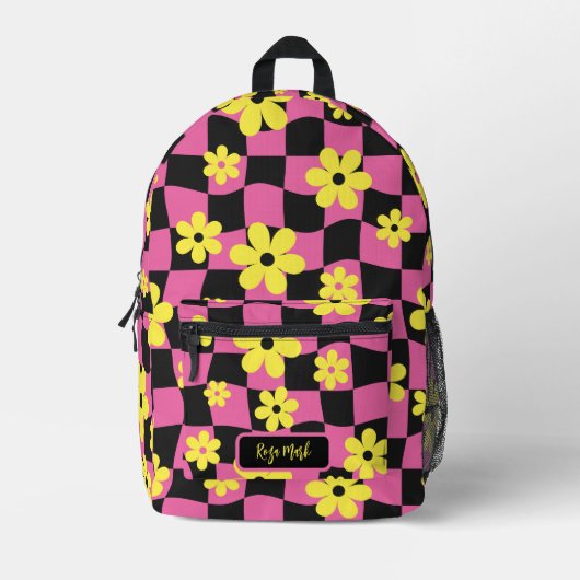 Pink Groovy Daisy Floral Checkerboard Bedruckter Rucksack (Vorderseite)