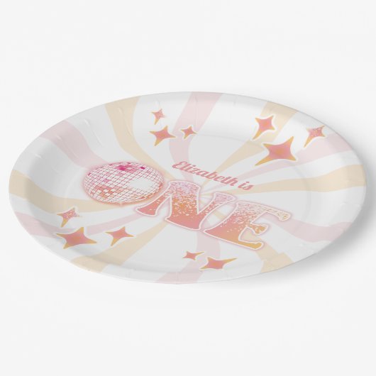 Pink Groovy Disco Dancing Queen First Birthday Pappteller (Schrägansicht)
