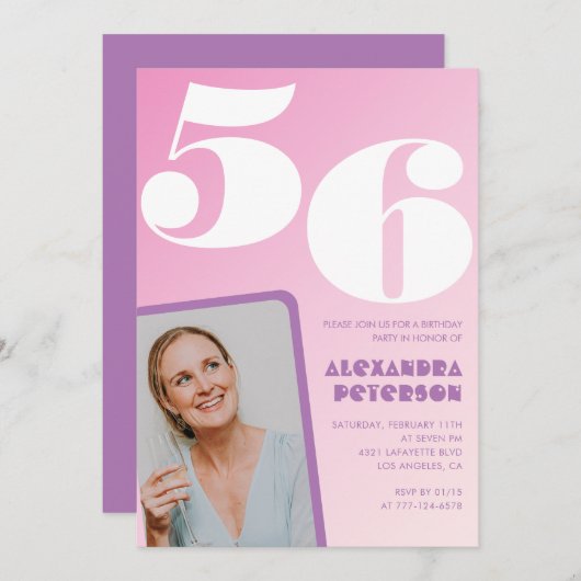 Pink Groovy Einladungen zum 56. Geburtstag Retro F (Vorne/Hinten)