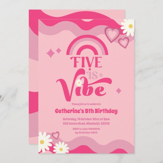 Pink Groovy Five ist Vibe Birthday Einladung (Vorne/Hinten)