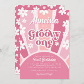 Pink Groovy One Retro Rainbow Daisy Erster Geburts Einladung (Vorne/Hinten)