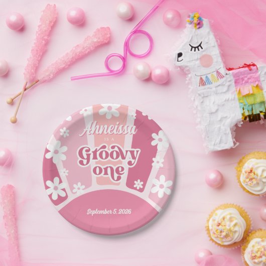 Pink Groovy One Retro Rainbow Daisy Erster Geburts Pappteller (Party)