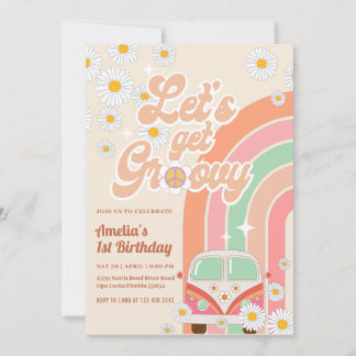 Pink Groovy Van Daisy Rainbow Hippie Birthday Einladung