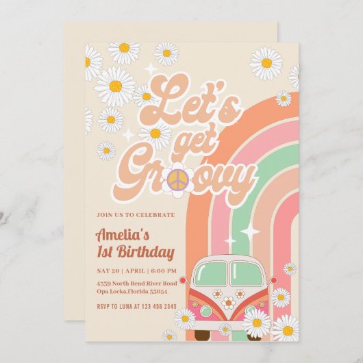 Pink Groovy Van Daisy Rainbow Hippie Birthday Einladung (Vorne/Hinten)