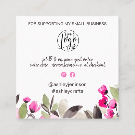 Pink grün chic florale Aquarell Auftrag Vielen Dan Quadratische Visitenkarte (Rückseite)