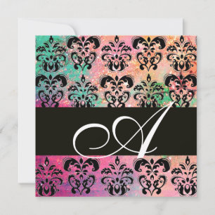 PINK GRÜN FUCHSIA SCHWARZ DAMAST MONOGRAMM, weiß Einladung