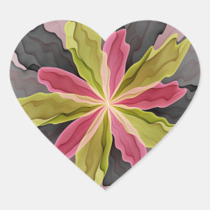 Pink Grüne Anthrazit Fantasy-Blumen-Fraktal-Kunst Herz-Aufkleber