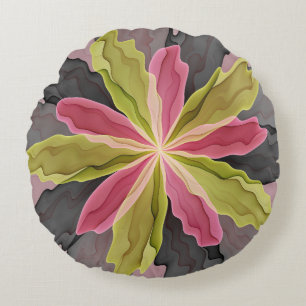 Pink Grüne Anthrazit Fantasy-Blumen-Fraktal-Kunst Rundes Kissen