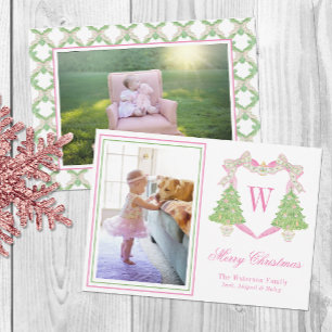 Pink & Grüner Weihnachtsbaum-Monogramm-Wappen-Foto Feiertagskarte