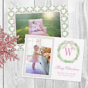 Pink-Grüner Weihnachtsbogen-Kranz-Monogramm-Foto Feiertagskarte