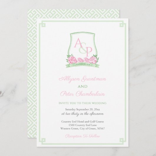 Pink-grünes Hydrangea-Wappen Hochzeit Einladung (Vorne/Hinten)
