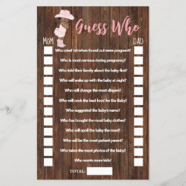 Pink Guess Who OM Cowgirl Baby Shooting Game Card Flyer