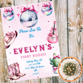 Pink Guitar Cowboy Party Cactus Birthday Magneteinladung