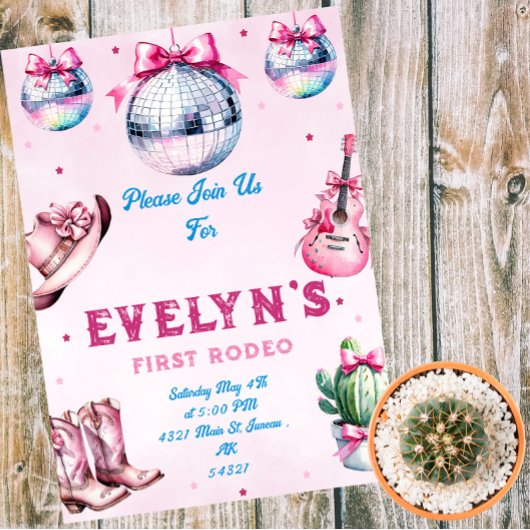 Pink Guitar Cowboy Party Cactus Birthday Magneteinladung