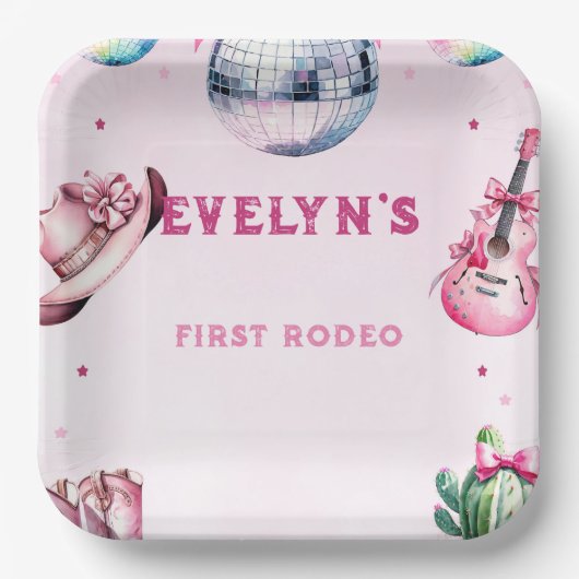 Pink Guitar Cowboy Party Cactus Birthday Pappteller (Vorderseite)