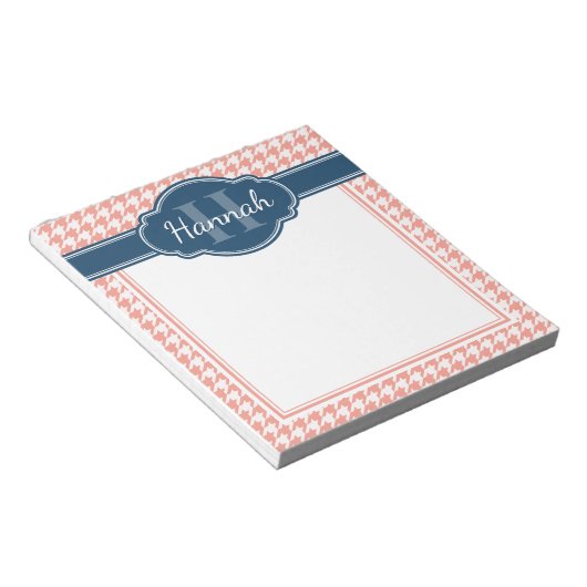 Pink-Hahnentrittmuster-Muster Blaues Monogramm Notizblock (angewinkelt)