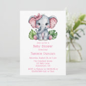 Pink Hair Bow Niedlich Elephant Baby Dusche Einladung (Stehend Vorderseite)