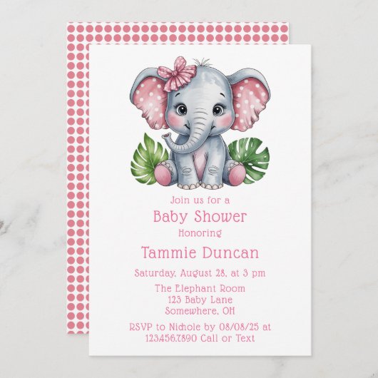 Pink Hair Bow Niedlich Elephant Baby Dusche Einladung (Vorne/Hinten)