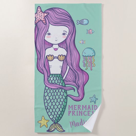 Pink Hair Mermaid und Ocean Friends Personalisiert Strandtuch (Vorderseite)
