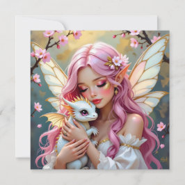 Pink Haired Fairy and White Baby Dragon Blank Karte