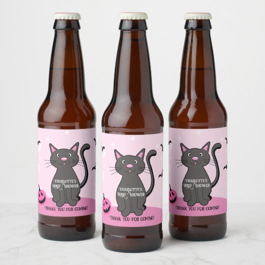 Pink Halloween Black Cat Girl Babydusche Bierflaschenetikett (Flaschen)
