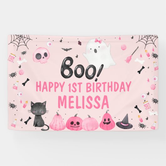 Pink Halloween Boo Ghost Happy Birthday Banner (Horizontal)