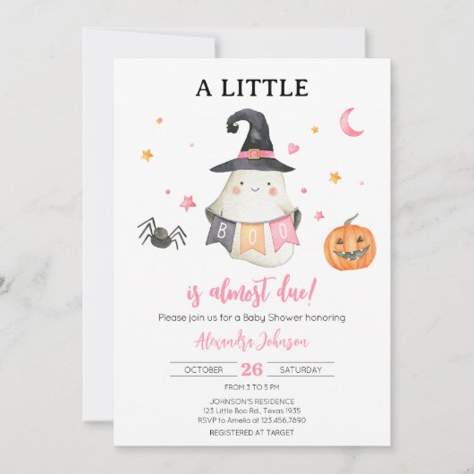 Pink Halloween Ghost Little Boo Baby Dusche Einladung (Vorderseite)