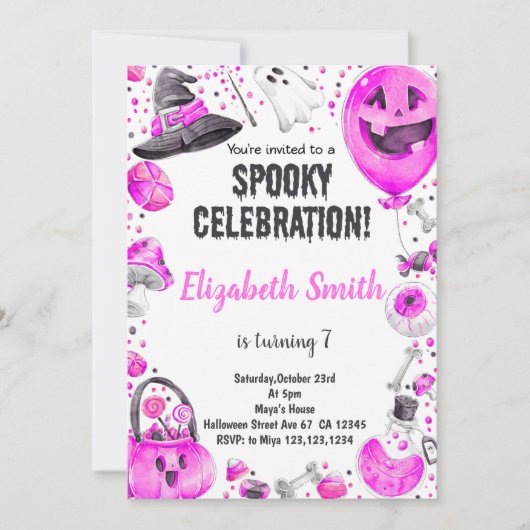 Pink Halloween Party Einladung für Mädchen (Vorderseite)