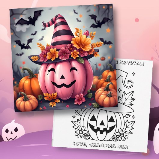 Pink Halloween Pumpkin & Coloring Page Personalize Karte